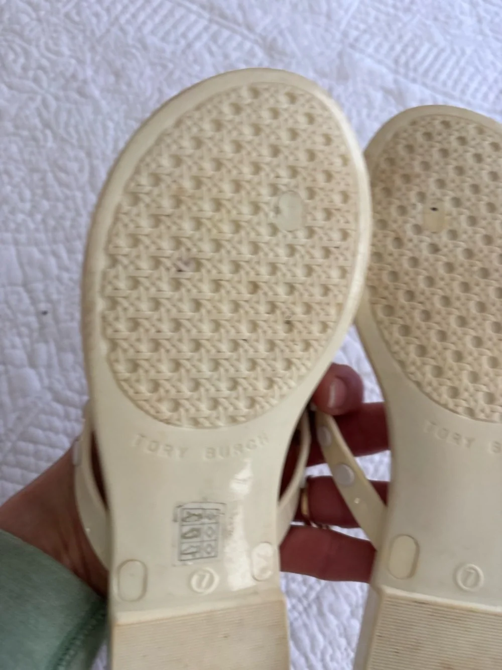 Tory Burch Ivory/pale yellow thong jelly  sandals size 7. Studded w/metal logos